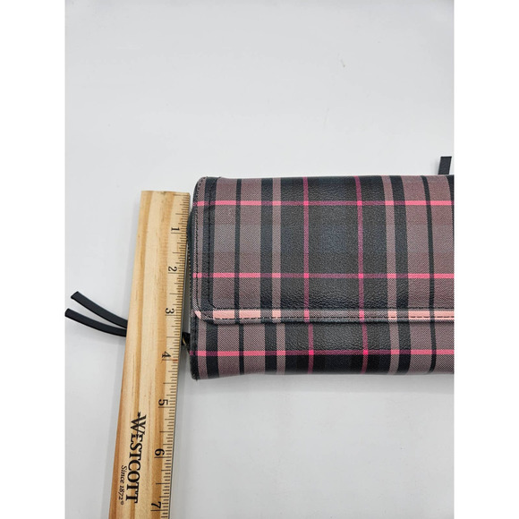 Women's Pink and Black Plaid Bi Fold Long Wallet Card Slots Zipper Pockets - Picture 3 of 8